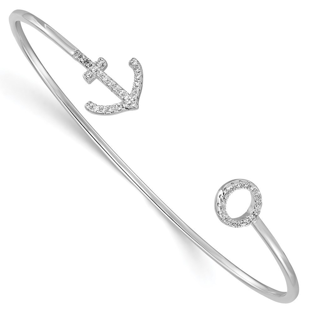 925 Sterling Silver Nautical Rhodium-plated CZ Anchor Cuff Bangle Bracelet
